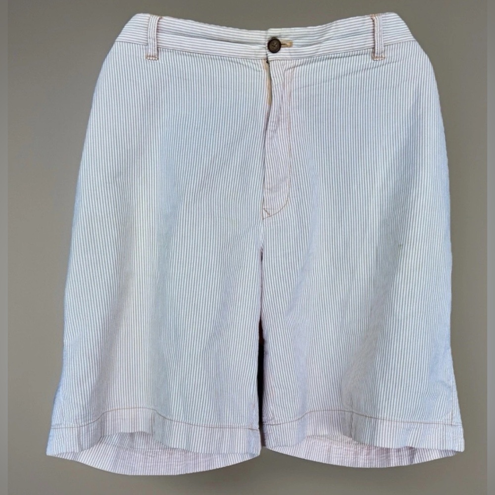 Izod Mens 100% Cotton Chino Shorts White/Orange Pinstripe Flat Front Pockets 40